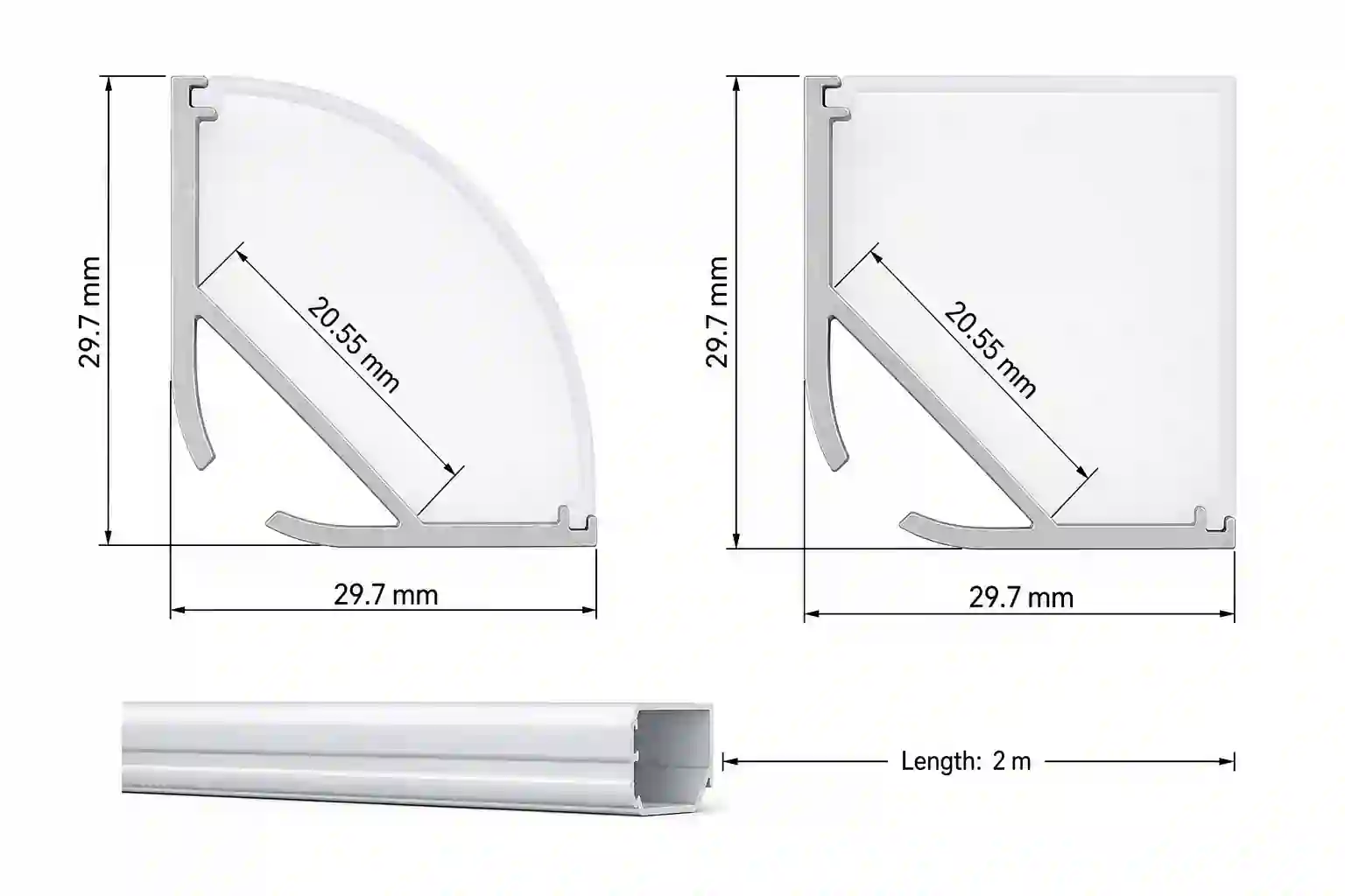 Pohled zepředu na rohový profil RO30 29,7x29,7mm stříbrný s oválným mléčným difuzorem délka 2 metry